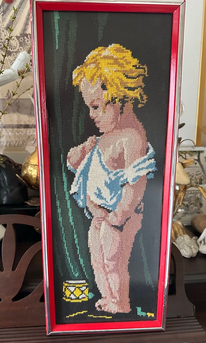Vintage Needlepoint Child Baby boy Blonde Bath wall picture decor nursery 21x8”
